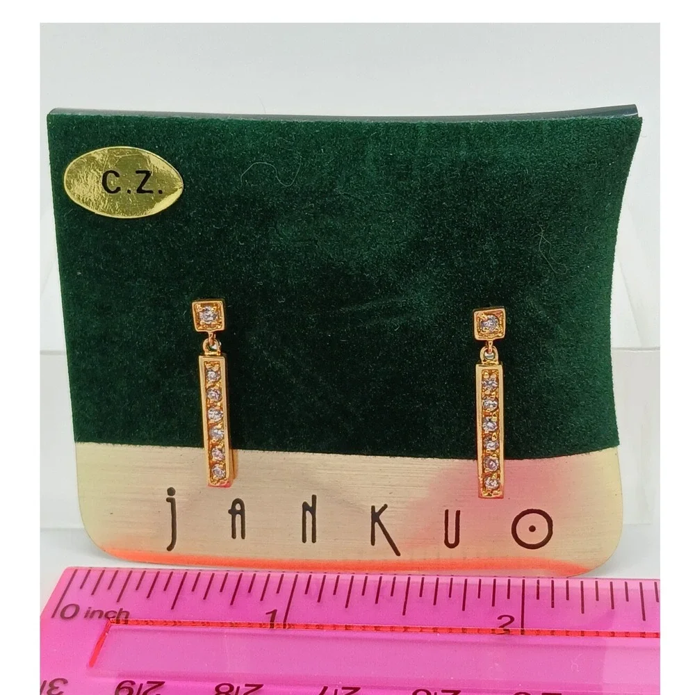 JANKUO Vintage 1990s Gold Tone Cubic Zirconia CZ Bar Drop Earrings Rare New - Picture 2 of 16